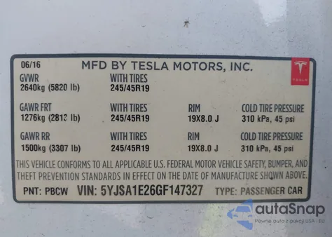 2016 Tesla Model S 60D/70D/75D/85D/90D from USA, damaged, VIN 5YJSA1E26GF147327